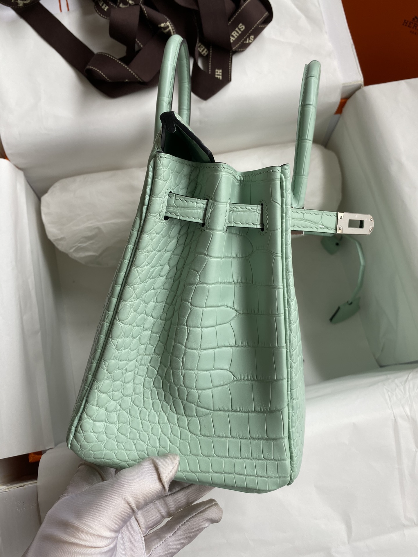 Hermes Birkin 25CM Handmade Bag In Vert D'eau Matte Alligator Leather